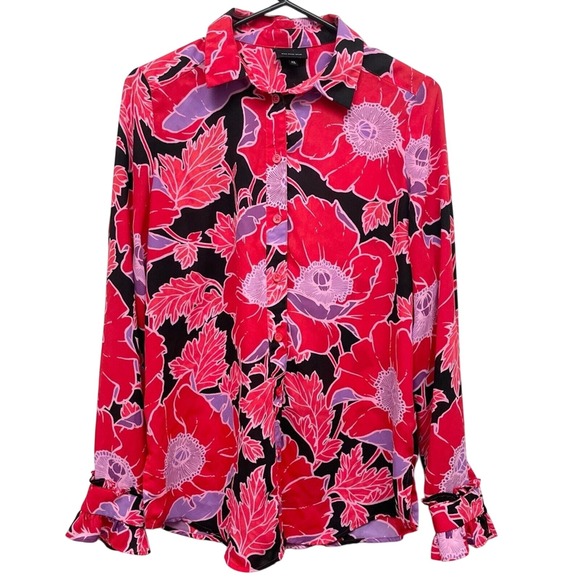 Who What Wear XS Floral Print Blouse Ruffle Cuff Long Sleeve Red Purple - Picture 1 of 4
